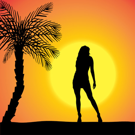 silhouette of a sexy woman who dancing on the beach,のイラスト素材