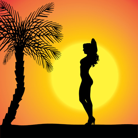 silhouette of a sexy woman who dancing on the beach,のイラスト素材