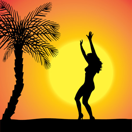 silhouette of a sexy woman who dancing on the beach,のイラスト素材