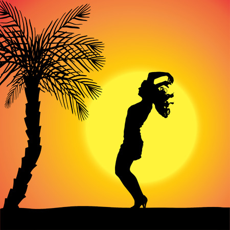 silhouette of a sexy woman who dancing on the beach,のイラスト素材