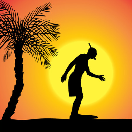 silhouette of a divers at sunset.のイラスト素材