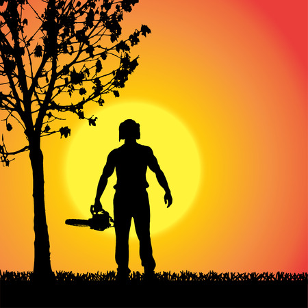 silhouette of a man working with tools at sunset.のイラスト素材