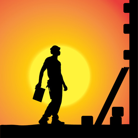 silhouette of a man working with tools at sunset.のイラスト素材