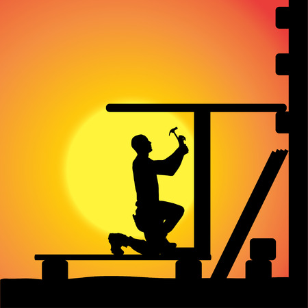silhouette of a man working with tools at sunset.のイラスト素材