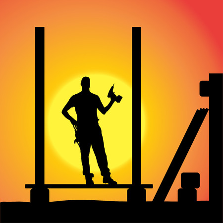 silhouette of a man working with tools at sunset.のイラスト素材
