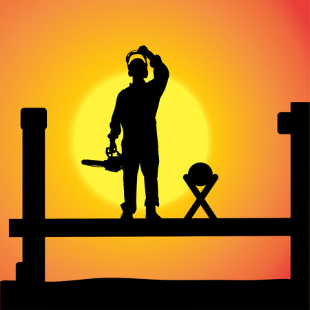silhouette of a man working with tools at sunset.のイラスト素材