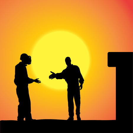 silhouette of a man working with tools at sunset.のイラスト素材