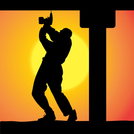 silhouette of a man working with tools at sunset.のイラスト素材