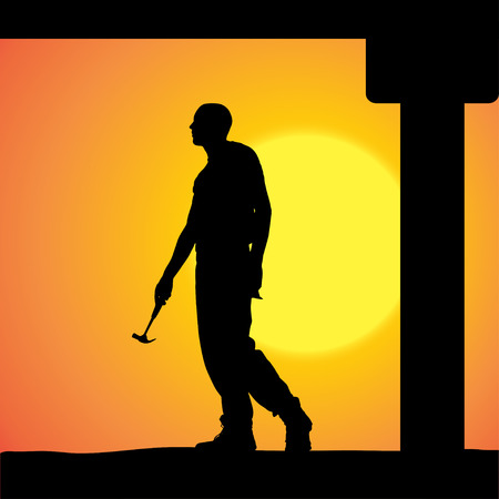 silhouette of a man working with tools at sunset.のイラスト素材