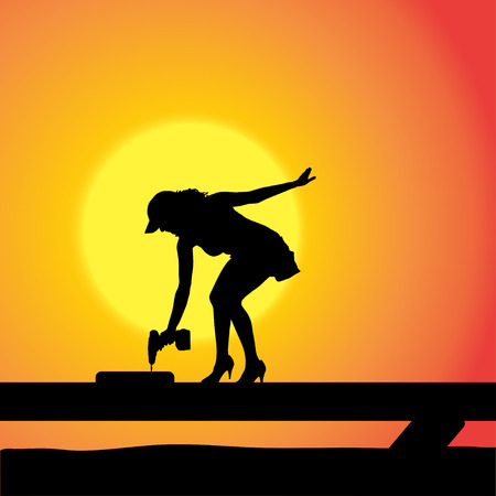 silhouette of a woman working with tools at sunset.のイラスト素材