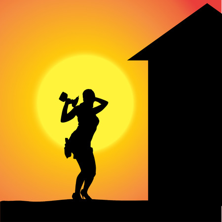 silhouette of a woman working with tools at sunset.のイラスト素材