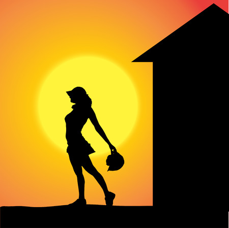 silhouette of a woman working with tools at sunset.のイラスト素材