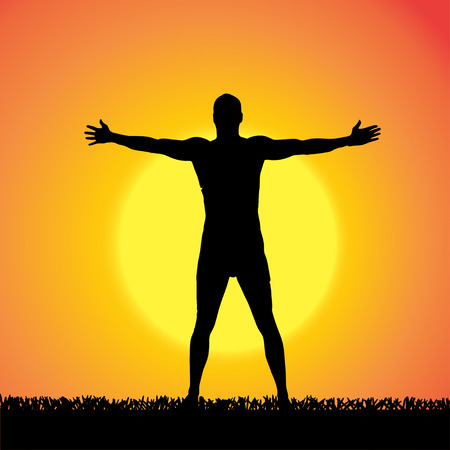 Vector silhouette of a man who practices at sunset. のイラスト素材