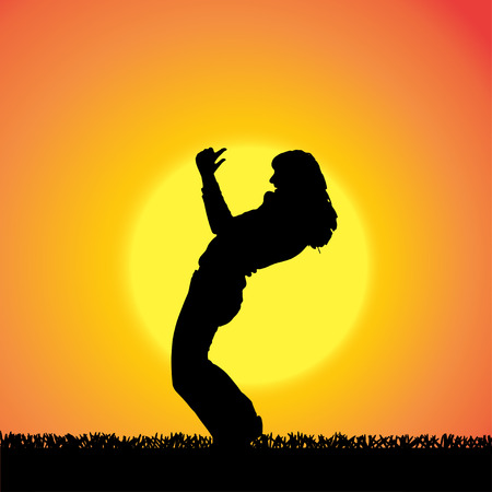 silhouette of woman who dance at sunset.のイラスト素材