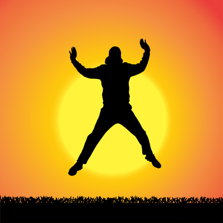 silhouette of man who jump at sunset.のイラスト素材