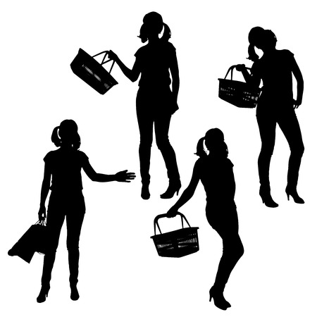 Vector silhouette of a woman with shopping bags.のイラスト素材