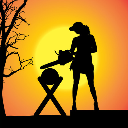 silhouette of a woman working with tools at sunset.のイラスト素材