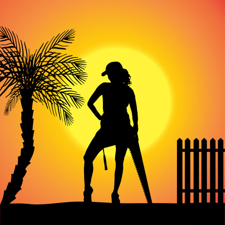 silhouette of a woman working with tools at sunset.のイラスト素材
