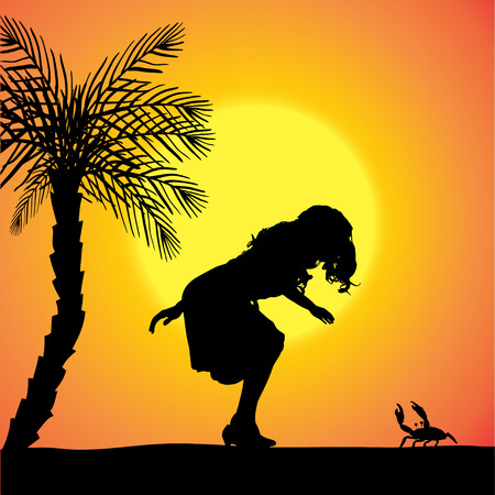 silhouette of a sexy woman on the beach at sunset.のイラスト素材