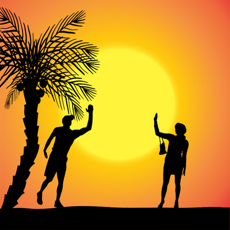 silhouette of couple at sunset by palm trees.のイラスト素材