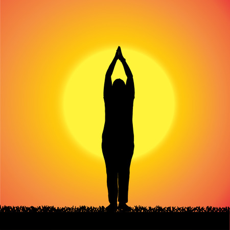 silhouette of a woman who is outdoors at sunset.のイラスト素材
