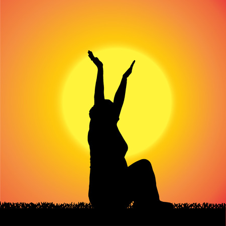 silhouette of a woman who is outdoors at sunset.のイラスト素材