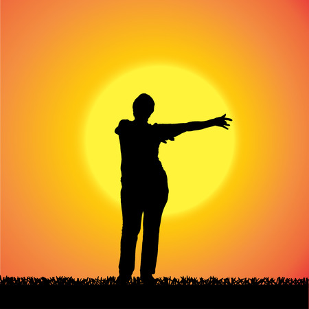 silhouette of a woman who is outdoors at sunset.のイラスト素材