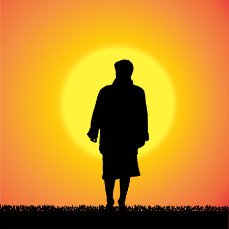 silhouette of a woman who is outdoors at sunset.のイラスト素材