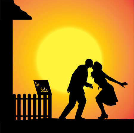 silhouette of people who are in front of house.のイラスト素材
