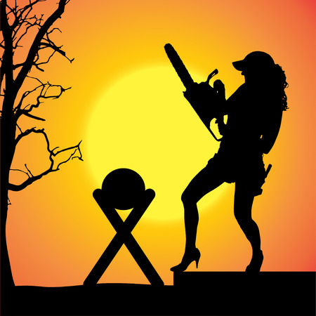 silhouette of a woman working with tools at sunset.のイラスト素材