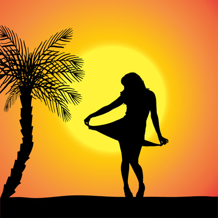silhouette of a sexy woman on the beach at sunset.のイラスト素材