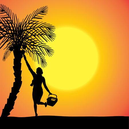 silhouette of a woman at sunset with palm trees.のイラスト素材