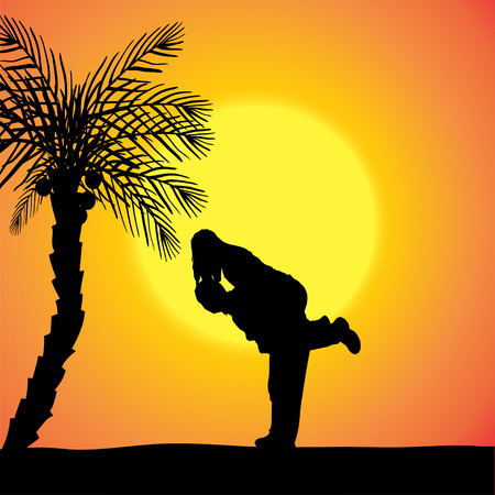 silhouette of couple at sunset by palm trees.のイラスト素材