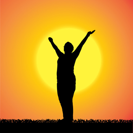 silhouette of a woman who is outdoors at sunset.のイラスト素材