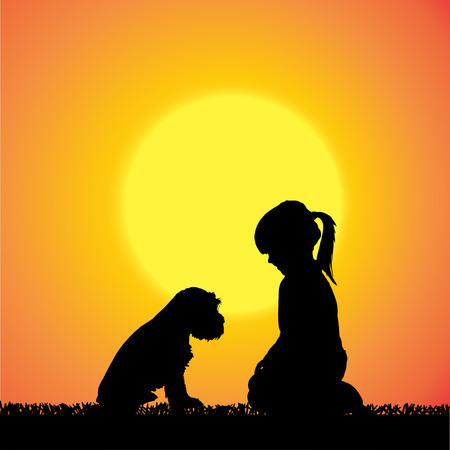 silhouette of child with dog at sunset.のイラスト素材