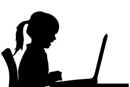 Vector silhouette of a girl sitting at a computer on a white background.のイラスト素材