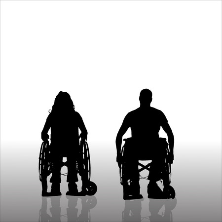 Vector silhouettes of people in a wheelchair on a white background. のイラスト素材