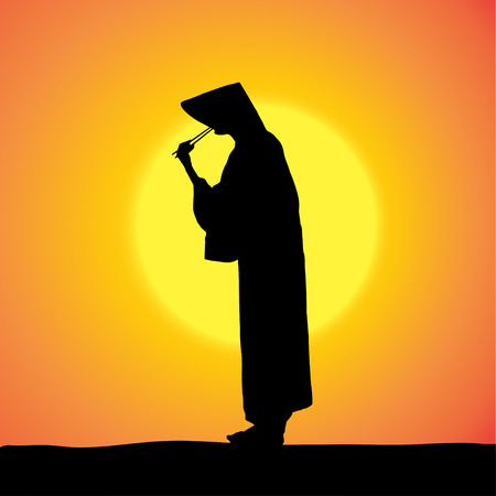 Vector silhouette of Chinese with hat at sunset. のイラスト素材
