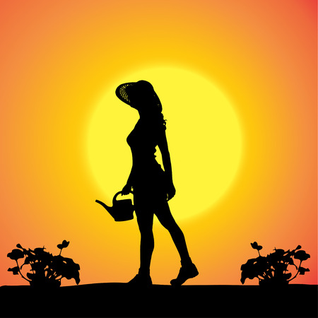 Vector silhouette of a gardener in the garden at sunset.のイラスト素材