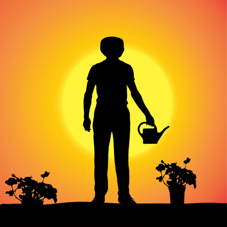 Vector silhouette of a gardener in the garden at sunset.のイラスト素材