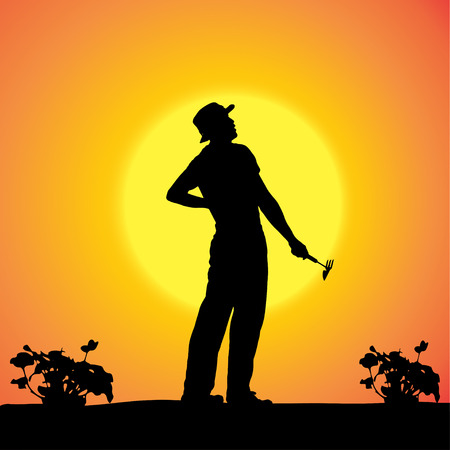 Vector silhouette of a gardener in the garden at sunset.のイラスト素材