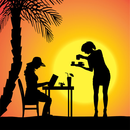 Vector silhouette of people in a beach restaurant at sunset.のイラスト素材