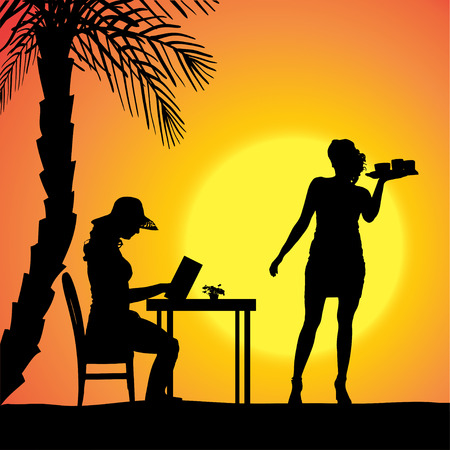 Vector silhouette of people in a beach restaurant at sunset.のイラスト素材