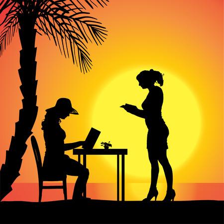 Vector silhouette of people in a beach restaurant at sunset.のイラスト素材