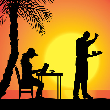 Vector silhouette of people in a beach restaurant at sunset.のイラスト素材