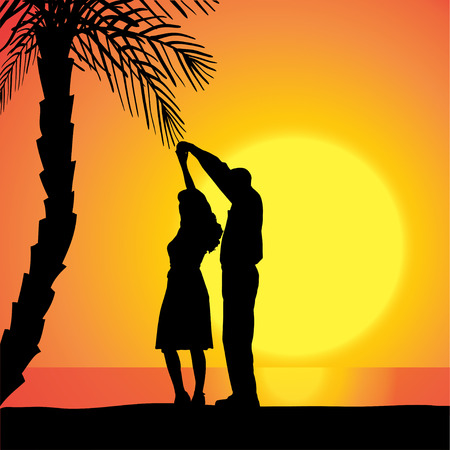 Vector silhouette of people on a beach at sunset.のイラスト素材