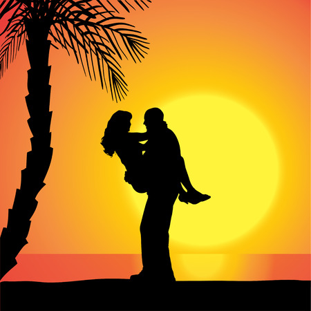 Vector silhouette of people on a beach at sunset.のイラスト素材