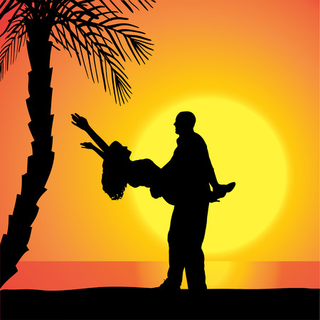 Vector silhouette of people on a beach at sunset.のイラスト素材