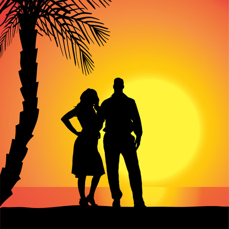 Vector silhouette of people on a beach at sunset.のイラスト素材
