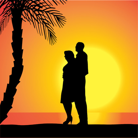 Vector silhouette of people on a beach at sunset.のイラスト素材
